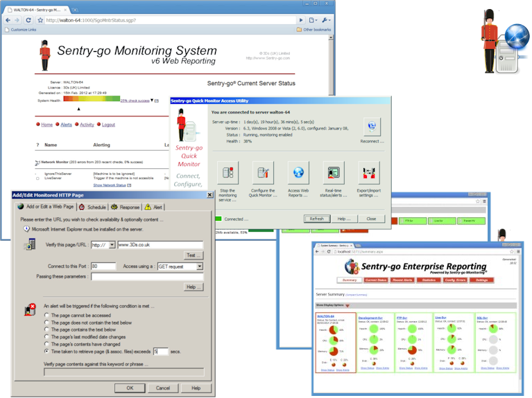 Monitor IIS, web-site & FTP access, services, perf, log files. Built-in alerting